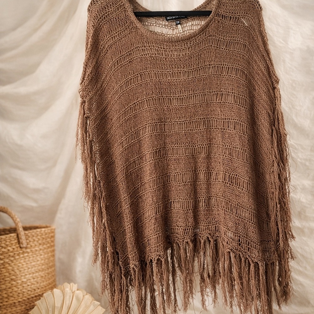 ✨ Miracle City Open-Knit Fringe Poncho Top – Brown (S/M) ✨